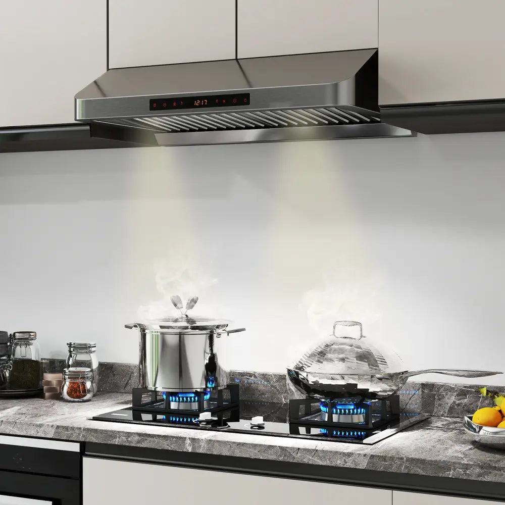30 Inch Under Cabinet Range Hood with Oil Collector 900 CFM Stainless Steel Kitchen Vent-Silver - Silver - Kitchen
