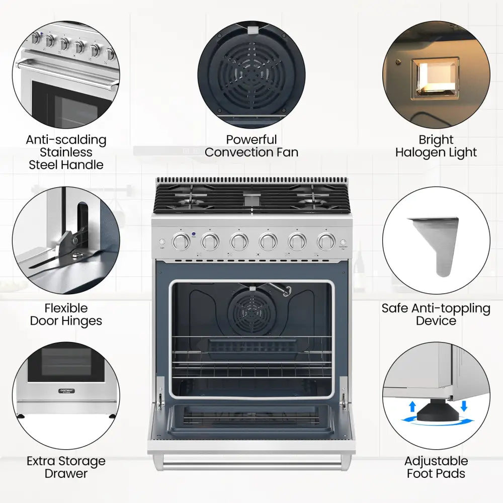 30 Inches 120V Natural Gas Range with 5 Burners Cooktop - Silver - Food Warmers & Burners