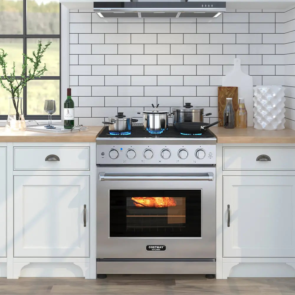 30 Inches 120V Natural Gas Range with 5 Burners Cooktop - Silver - Food Warmers & Burners