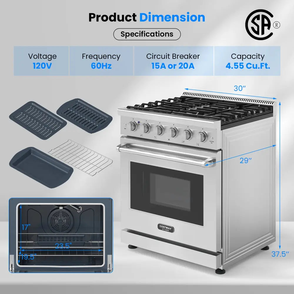 30 Inches 120V Natural Gas Range with 5 Burners Cooktop - Silver - Food Warmers & Burners