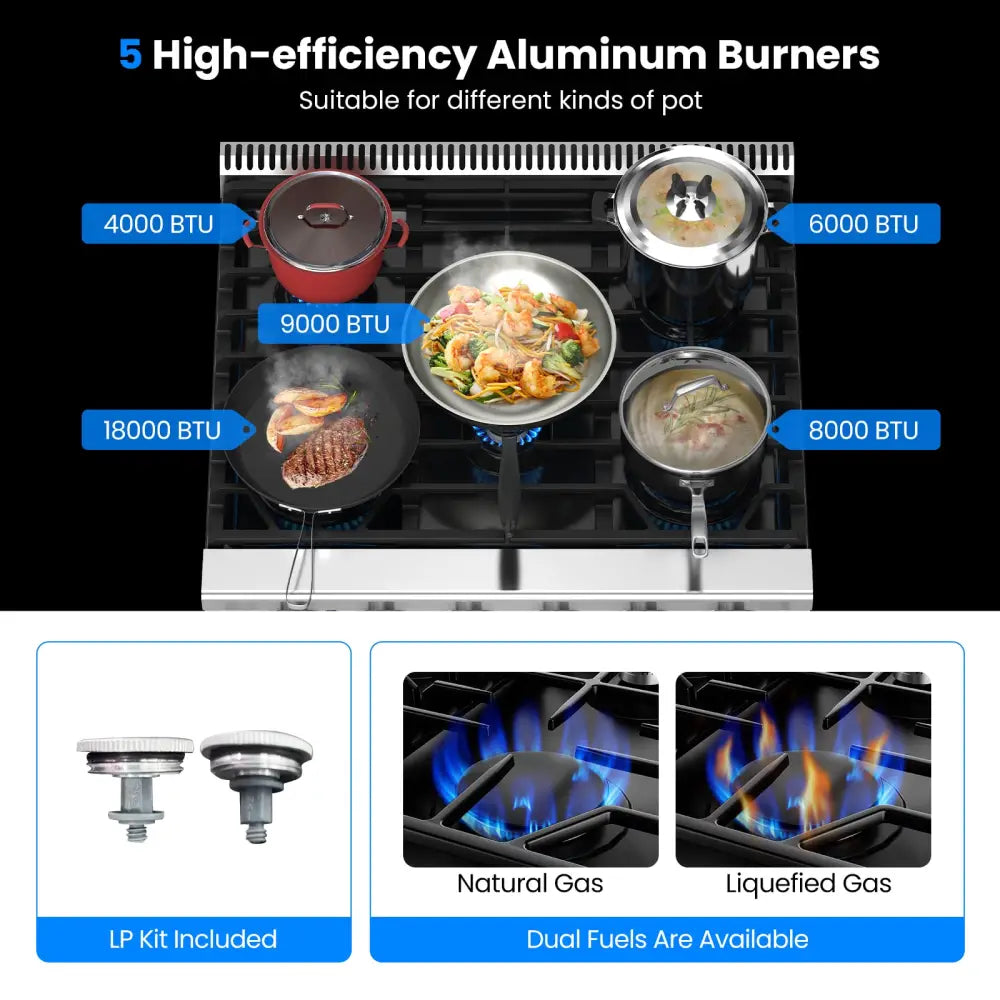 30 Inches 120V Natural Gas Range with 5 Burners Cooktop - Silver - Food Warmers & Burners