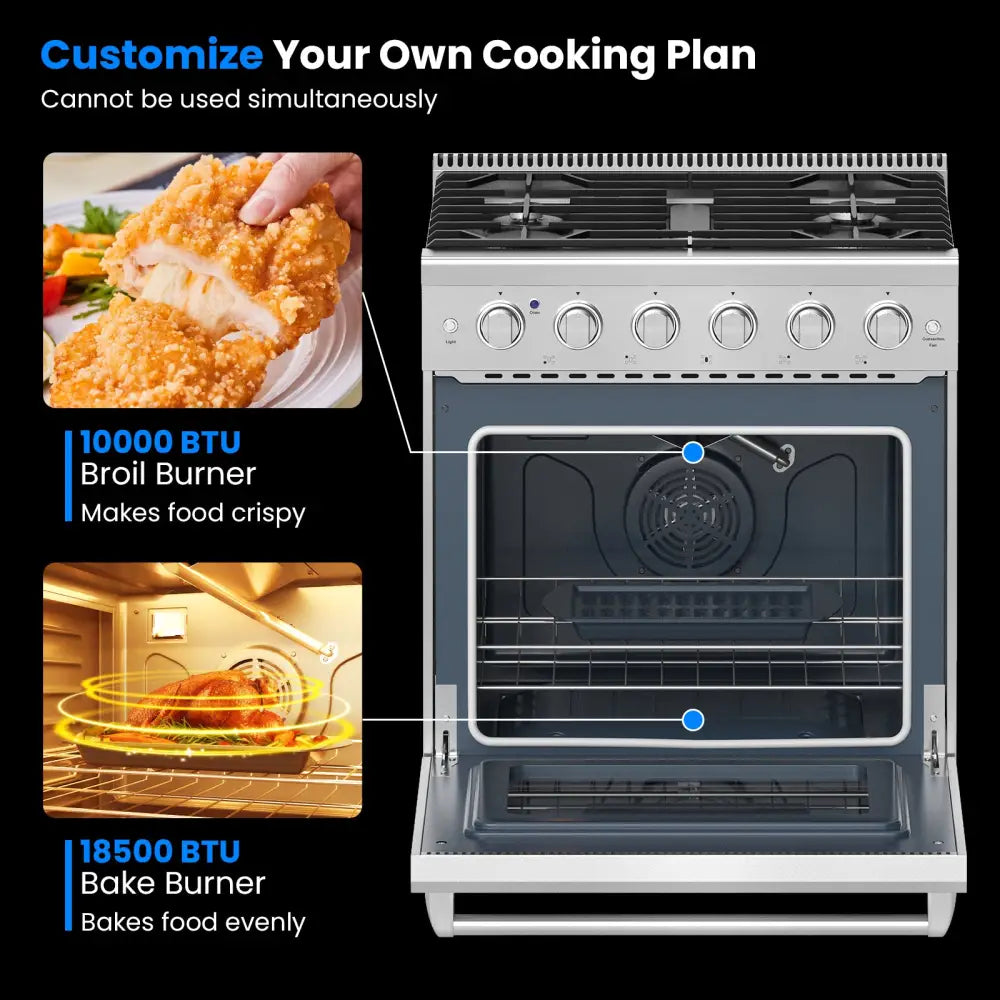 30 Inches 120V Natural Gas Range with 5 Burners Cooktop - Silver - Food Warmers & Burners