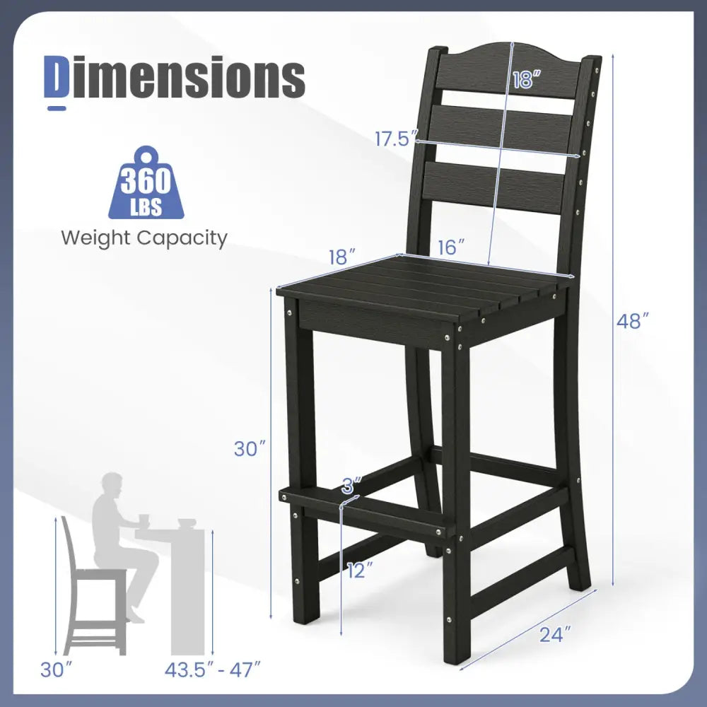 30 Inches Counter Height HDPE Bar Stool with Backrest and Footrest-Black - Black - Patio Bar Furniture