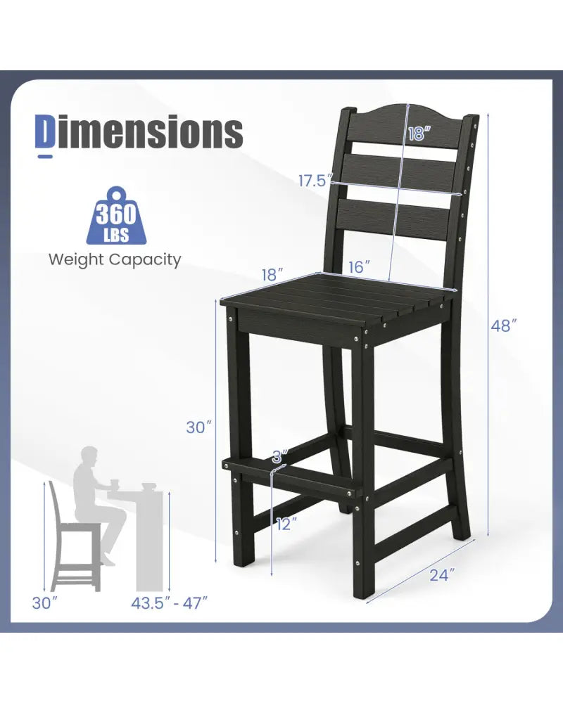 30 Inches Counter Height HDPE Bar Stool with Backrest and Footrest-Black - Black - Patio Bar Furniture