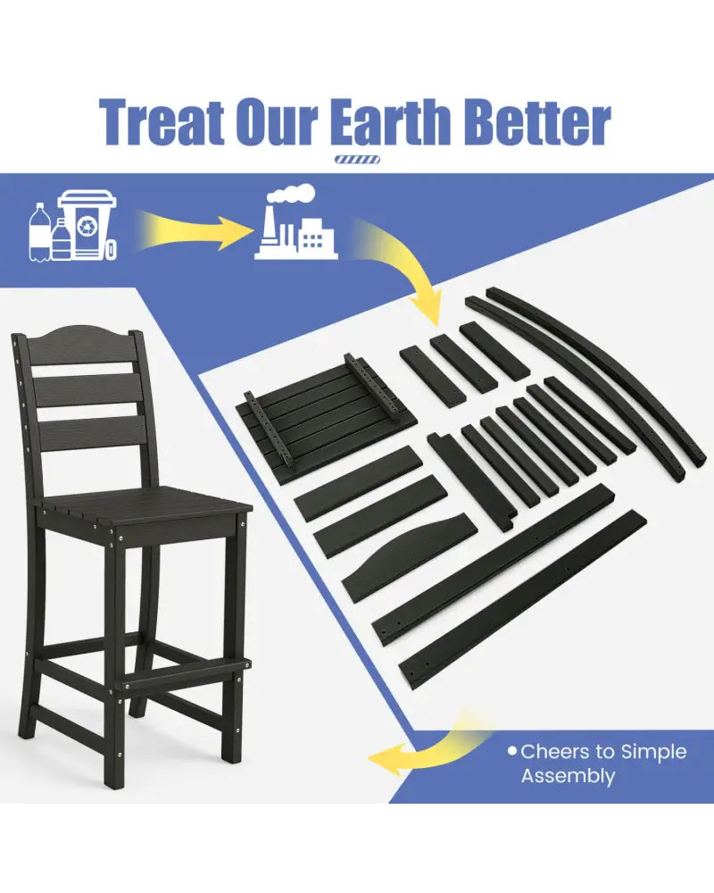 30 Inches Counter Height HDPE Bar Stool with Backrest and Footrest-Black - Black - Patio Bar Furniture