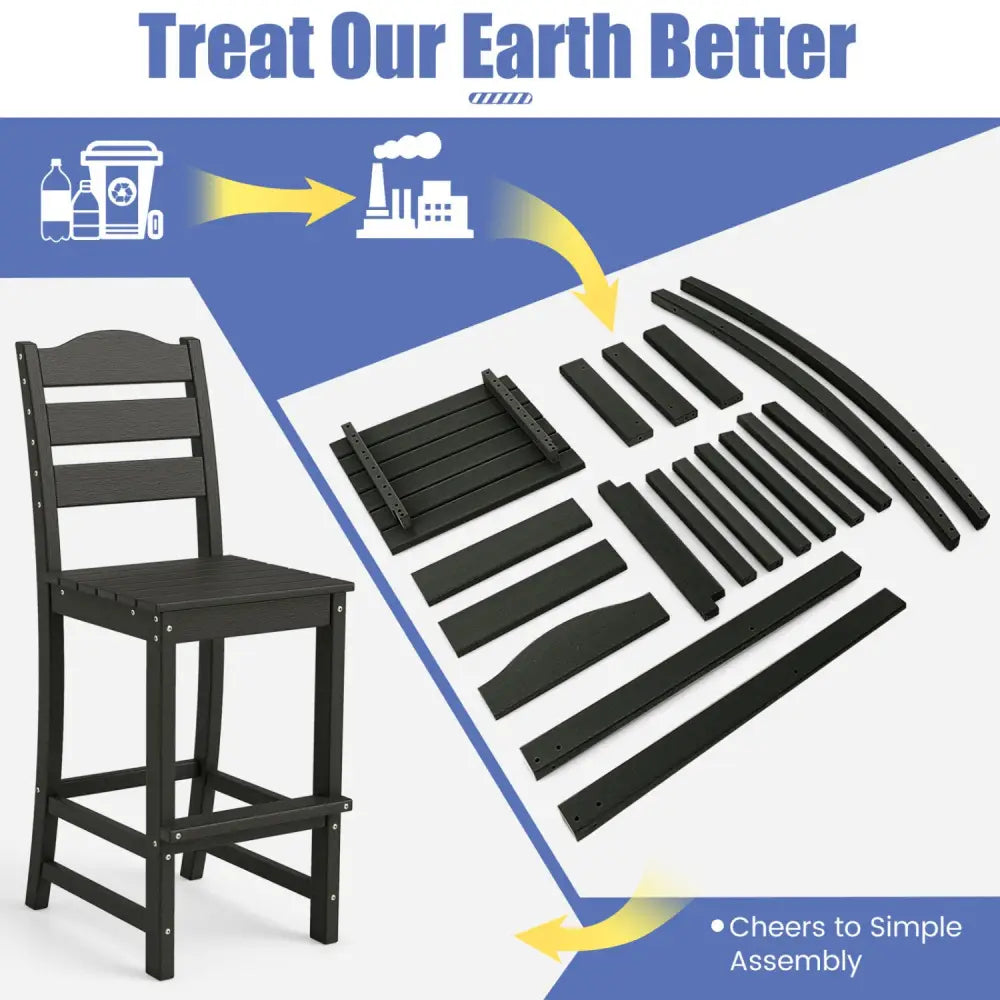 30 Inches Counter Height HDPE Bar Stool with Backrest and Footrest-Black - Black - Patio Bar Furniture