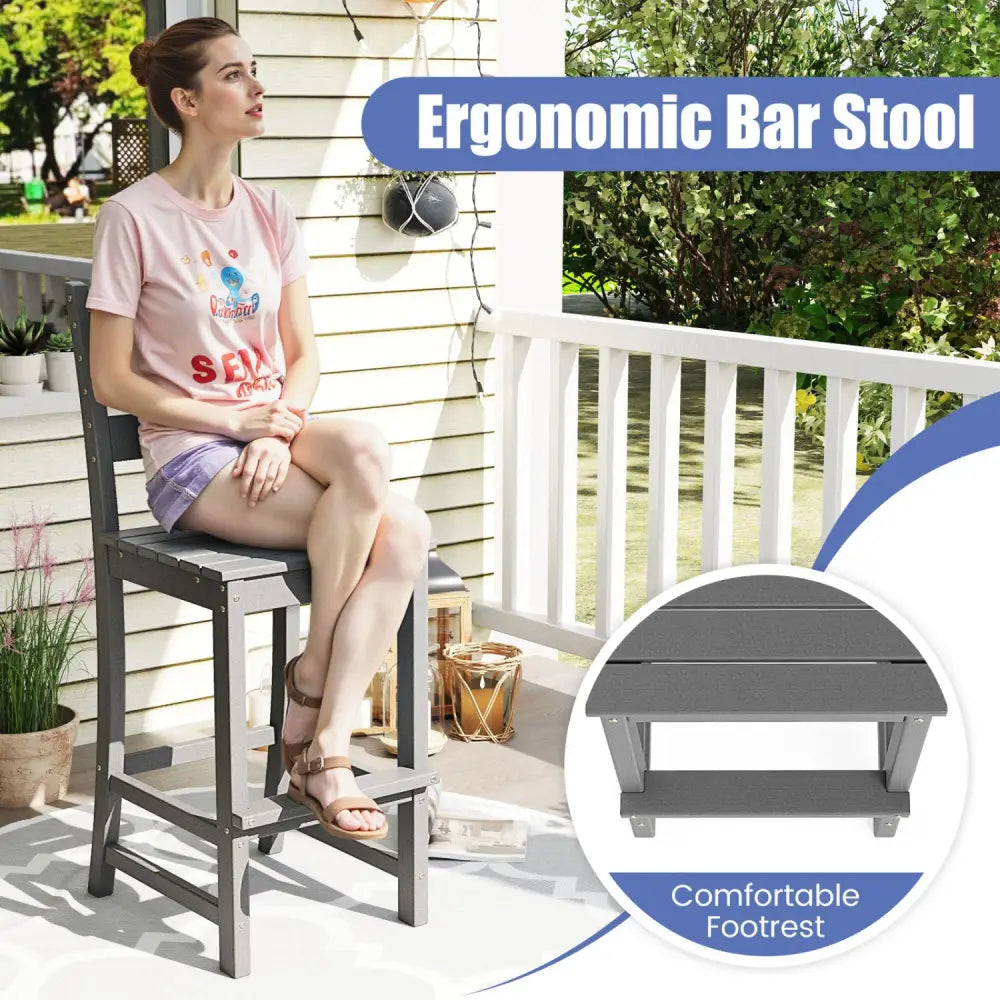 30 Inches Counter Height HDPE Bar Stool with Backrest and Footrest-Gray - Gray - Patio Bar Furniture