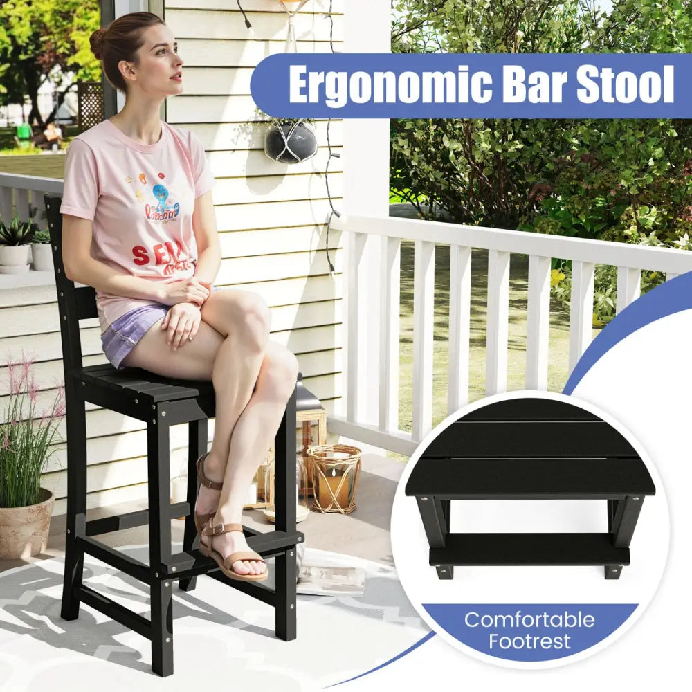 30 Inches Counter Height HDPE Bar Stool with Backrest and Footrest-Black - Black - Patio Bar Furniture