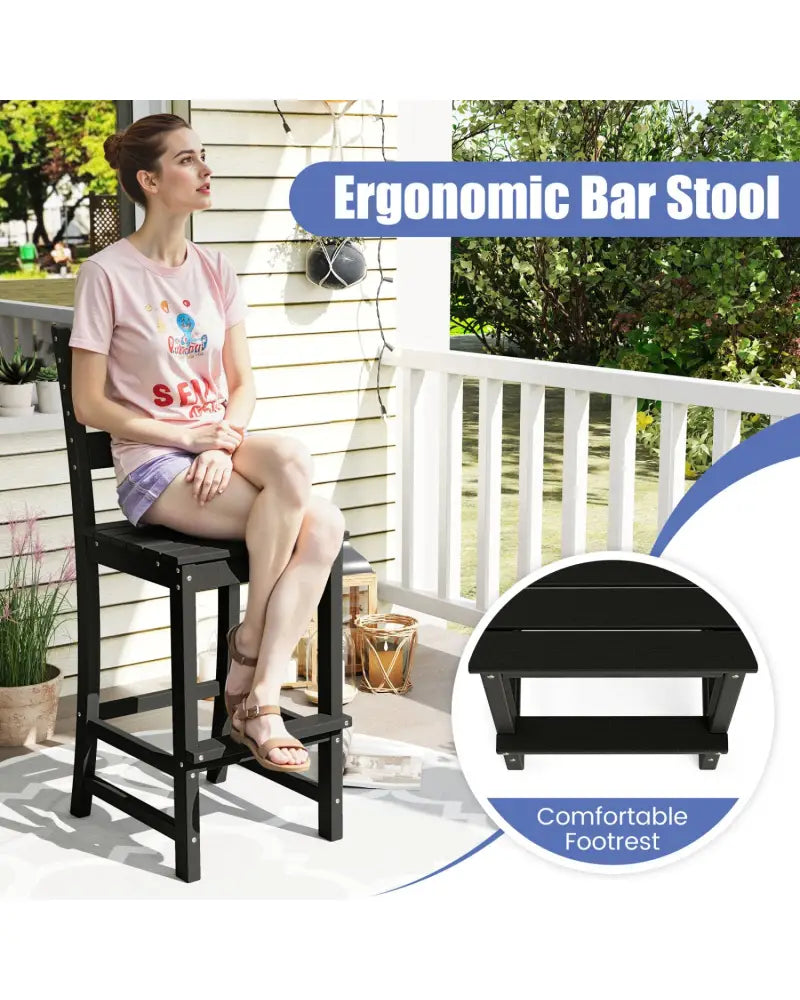 30 Inches Counter Height HDPE Bar Stool with Backrest and Footrest-Black - Black - Patio Bar Furniture