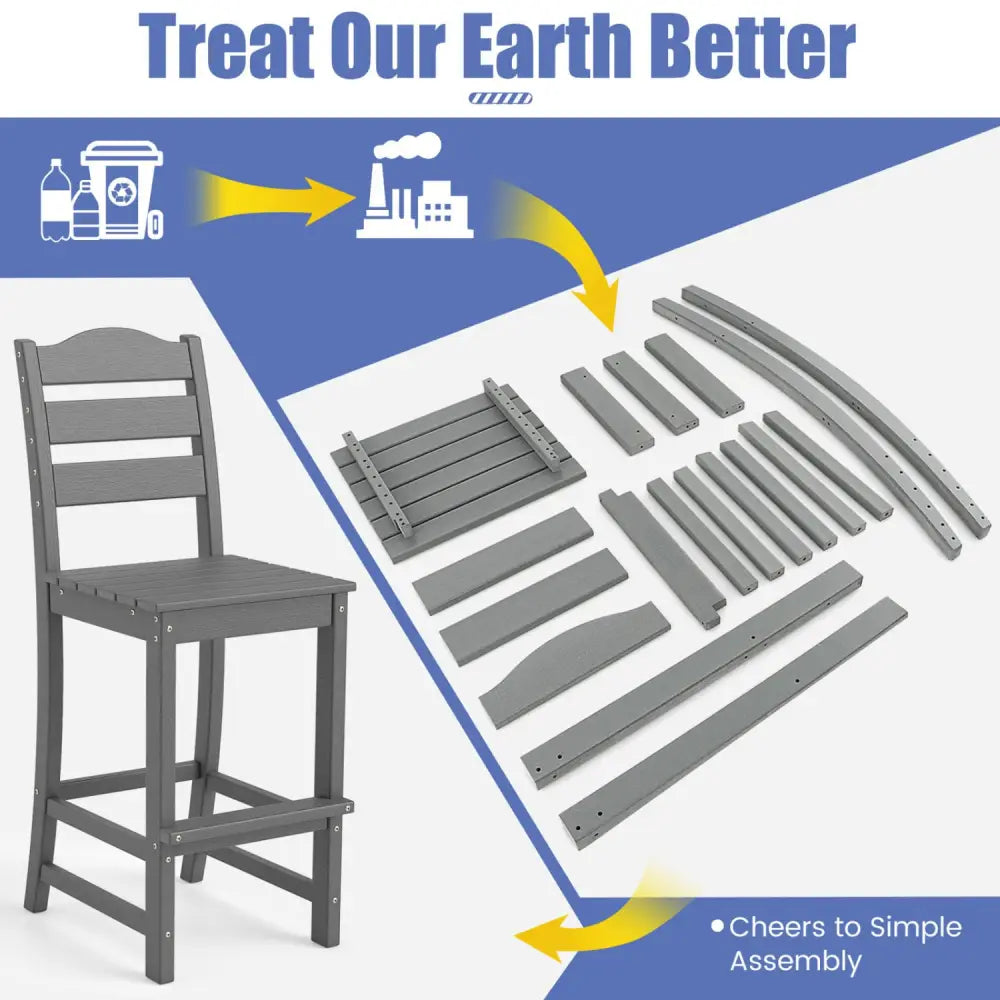 30 Inches Counter Height HDPE Bar Stool with Backrest and Footrest-Gray - Gray - Patio Bar Furniture