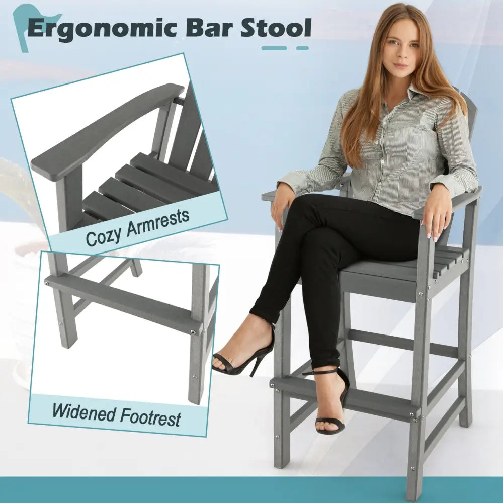 30 Inches Counter Height Outdoor HDPE Bar Stool with Armrests and Footrest-Gray - Gray - Patio Bar Furniture
