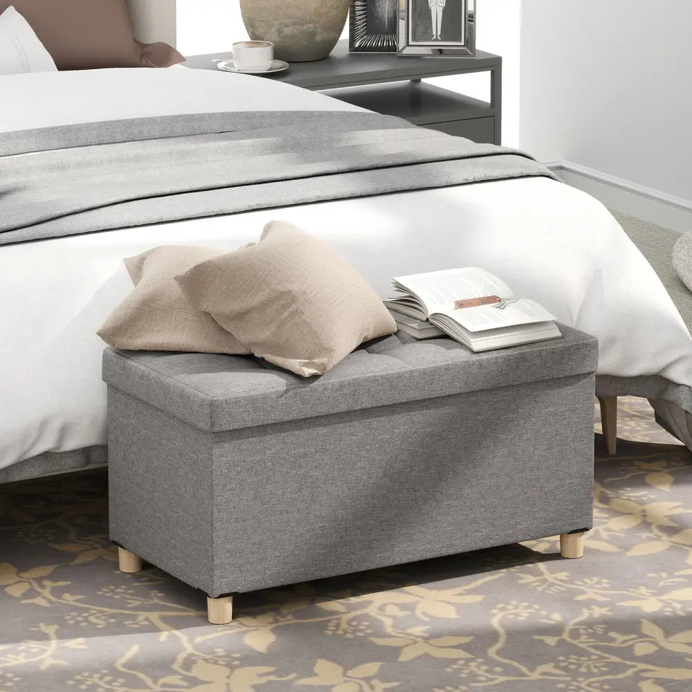 30 Inches Storage Ottoman Bench with Tray and Rubber Wood Legs-Gray - Gray - Shoe Racks & Storage Benches