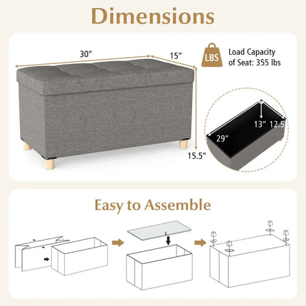 30 Inches Storage Ottoman Bench with Tray and Rubber Wood Legs-Gray - Gray - Shoe Racks & Storage Benches