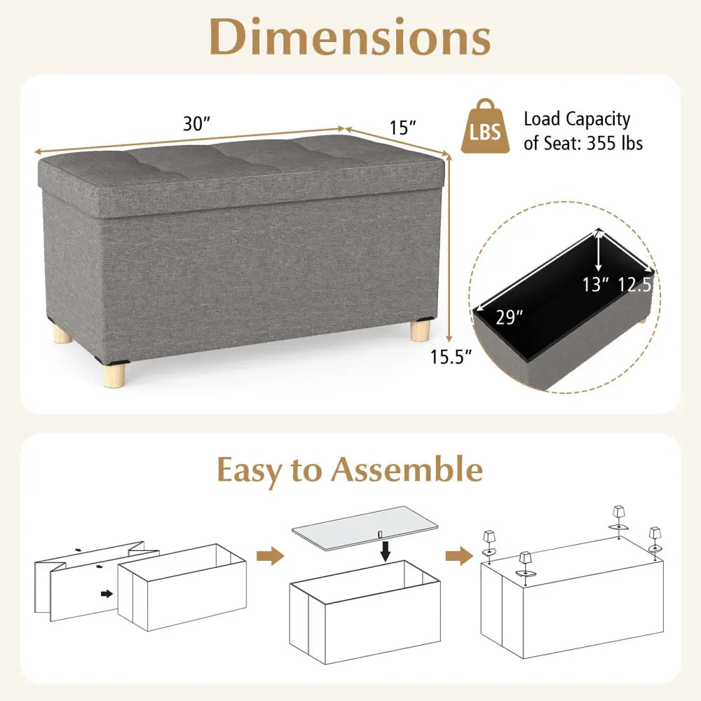 30 Inches Storage Ottoman Bench with Tray and Rubber Wood Legs-Gray - Gray - Shoe Racks & Storage Benches