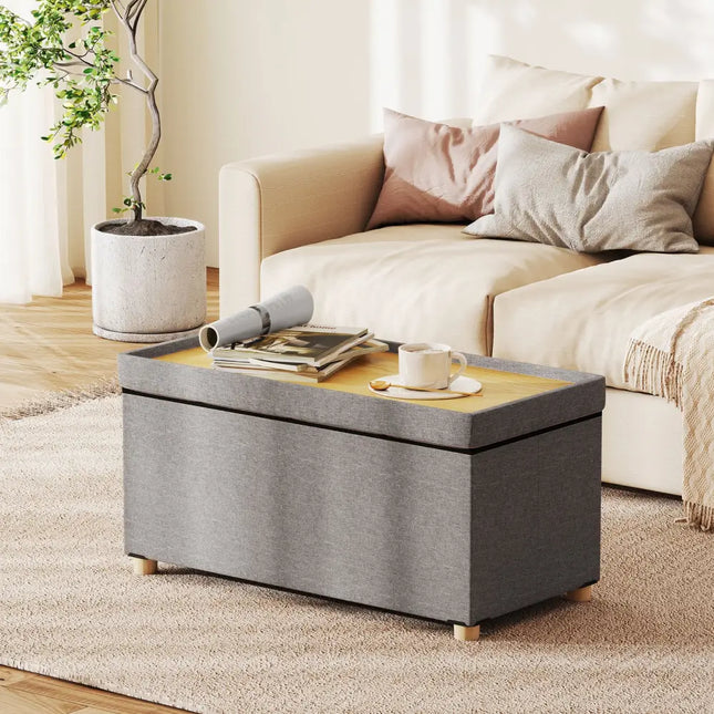 30 Inches Storage Ottoman Bench with Tray and Rubber Wood Legs-Gray - Gray - Shoe Racks & Storage Benches
