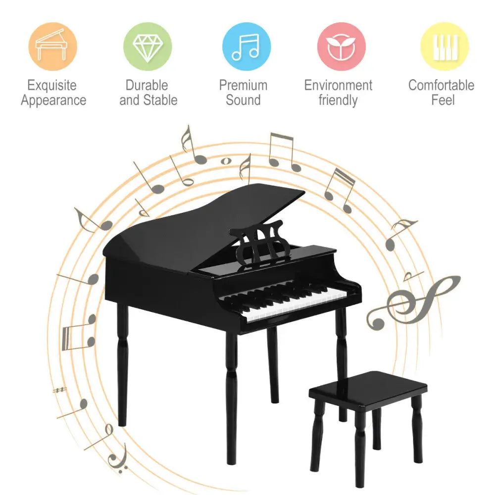 30-Key Wood Toy Kids Grand Piano with Bench and Music Rack-Black - Black - Pianos & Keyboards