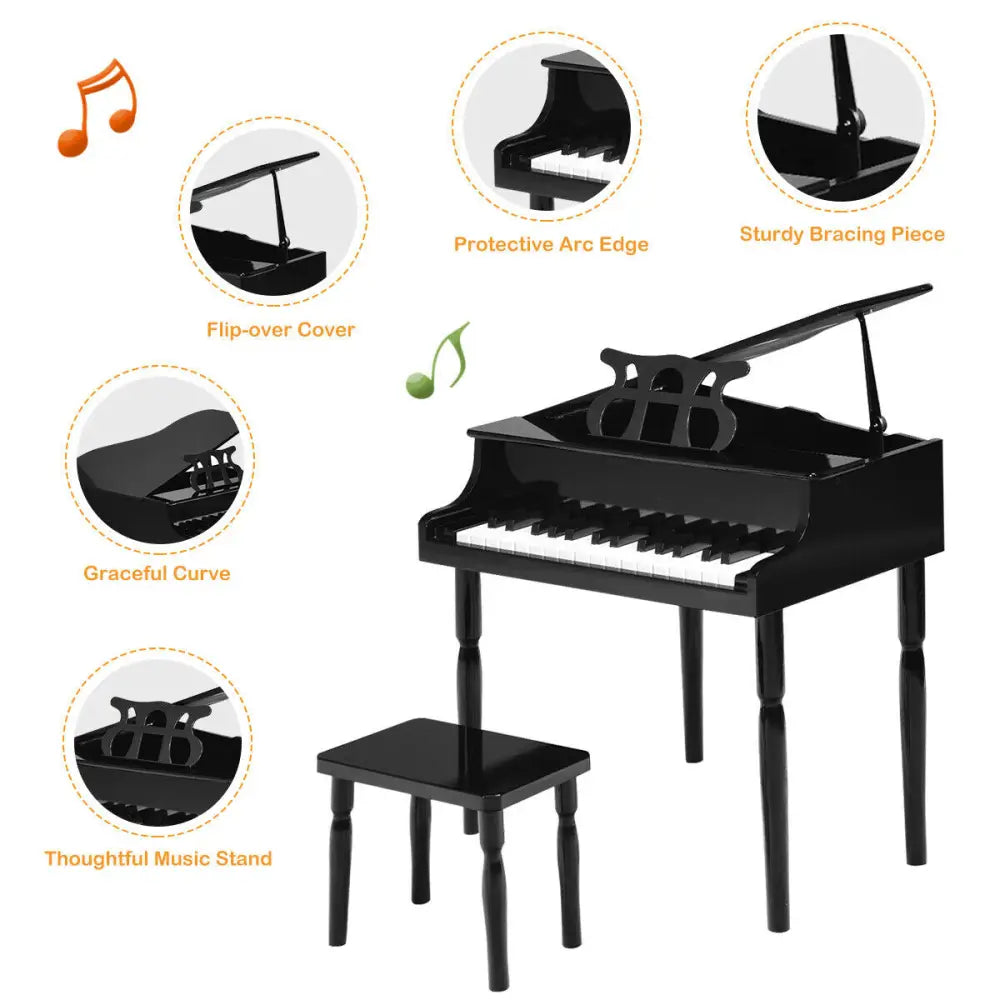 30-Key Wood Toy Kids Grand Piano with Bench and Music Rack-Black - Black - Pianos & Keyboards