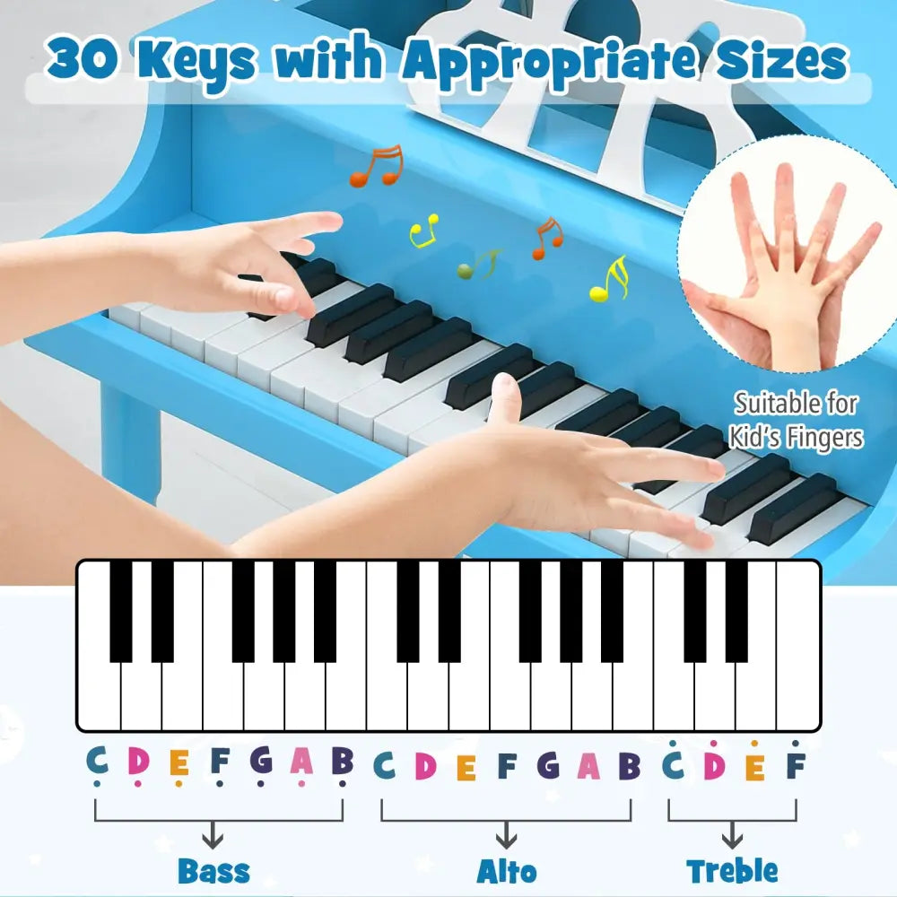 30-Key Wood Toy Kids Grand Piano with Bench and Music Rack-Blue - Blue - Pianos & Keyboards
