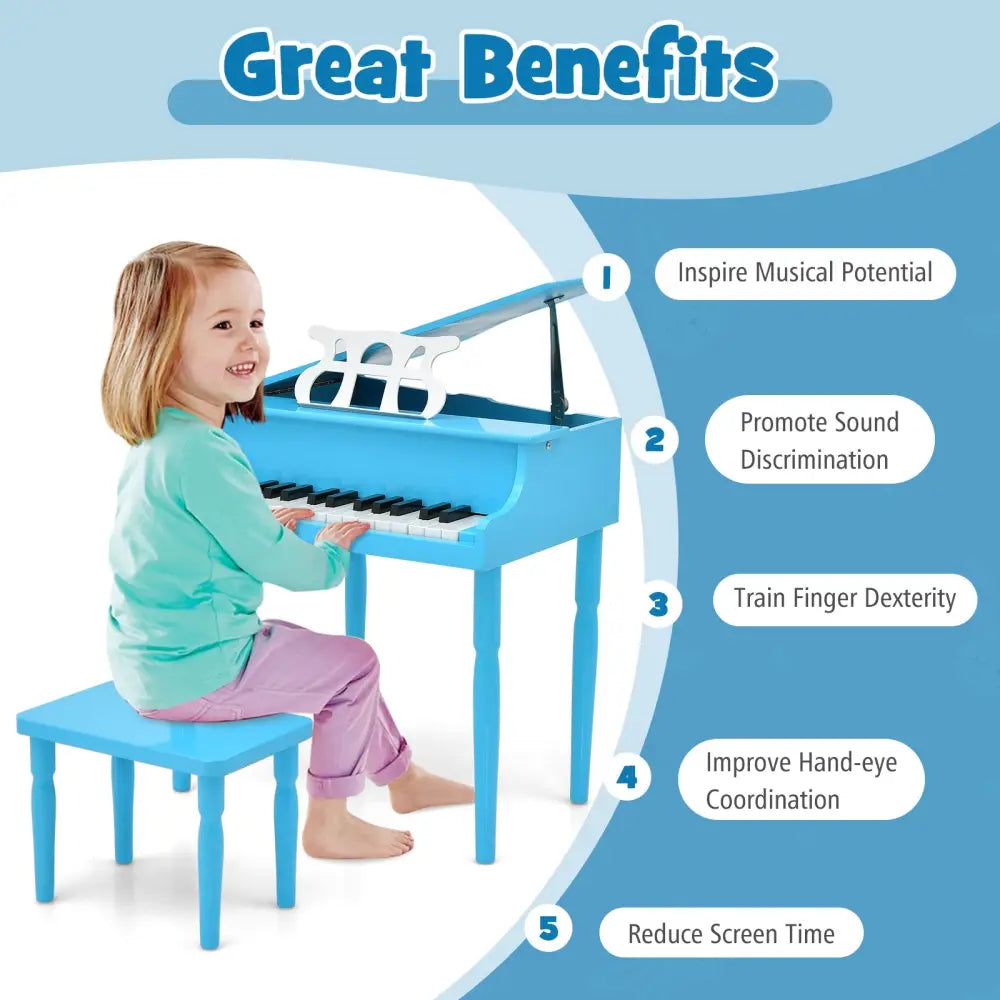30-Key Wood Toy Kids Grand Piano with Bench and Music Rack-Blue - Blue - Pianos & Keyboards