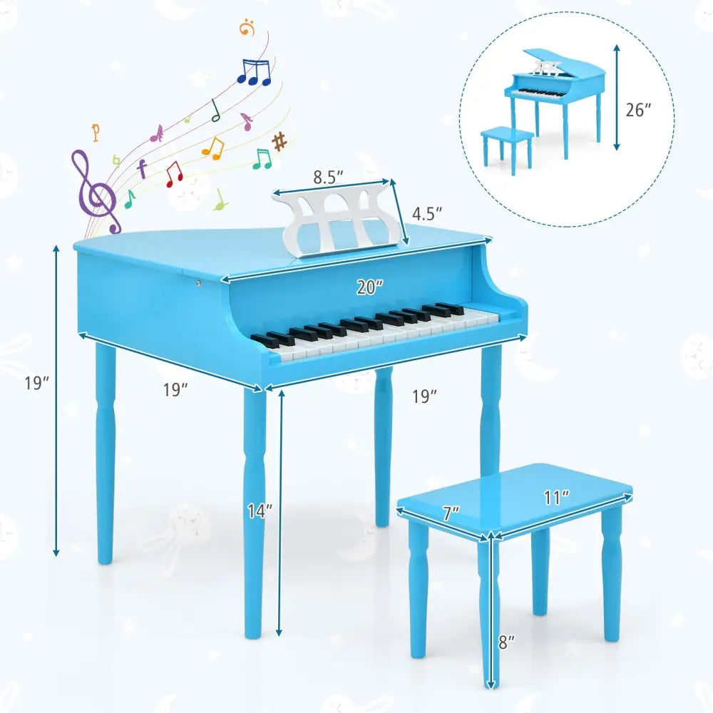 30-Key Wood Toy Kids Grand Piano with Bench and Music Rack-Blue - Blue - Pianos & Keyboards