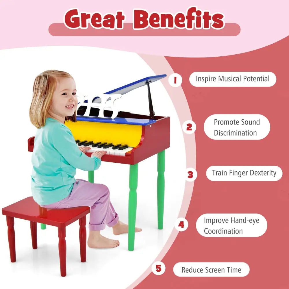 30-Key Wood Toy Kids Grand Piano with Bench and Music Rack-Multicolor - Multicolor - Pianos & Keyboards