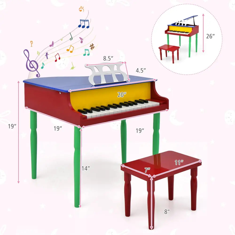 30-Key Wood Toy Kids Grand Piano with Bench and Music Rack-Multicolor - Multicolor - Pianos & Keyboards