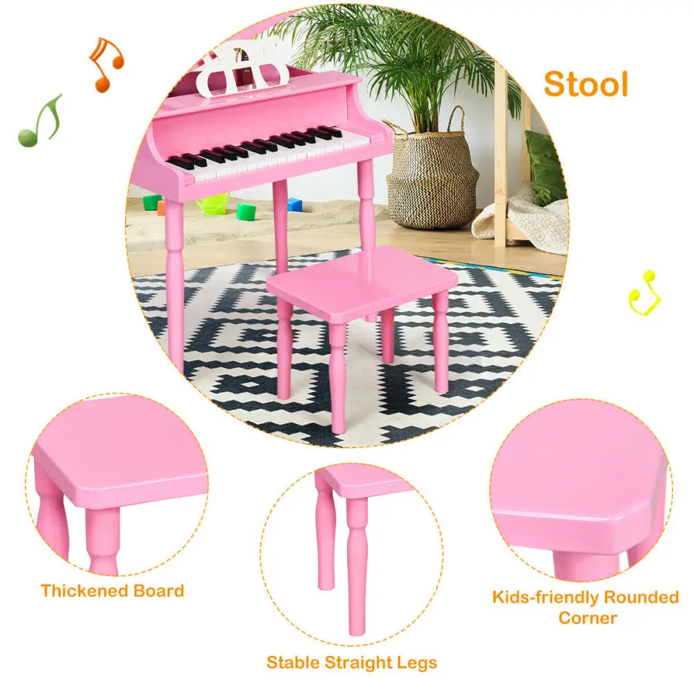 30-Key Wood Toy Kids Grand Piano with Bench and Music Rack-Pink - Pink - Pianos & Keyboards