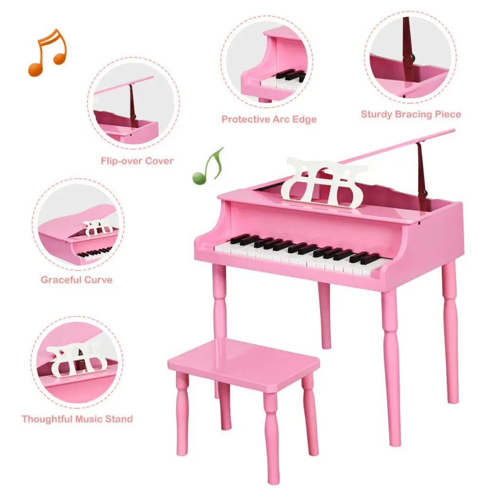 30-Key Wood Toy Kids Grand Piano with Bench and Music Rack-Pink - Pink - Pianos & Keyboards