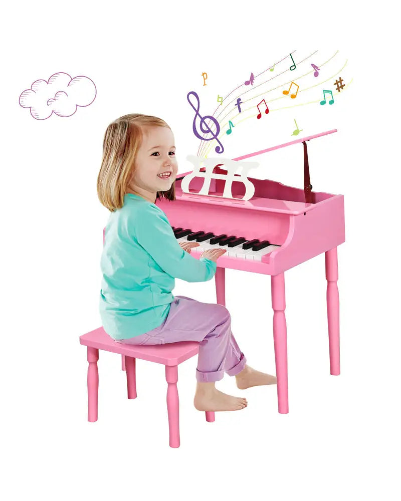 30-Key Wood Toy Kids Grand Piano with Bench and Music Rack-Pink - Pink - Pianos & Keyboards