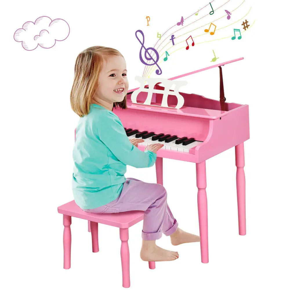 30-Key Wood Toy Kids Grand Piano with Bench and Music Rack-Pink - Pink - Pianos & Keyboards