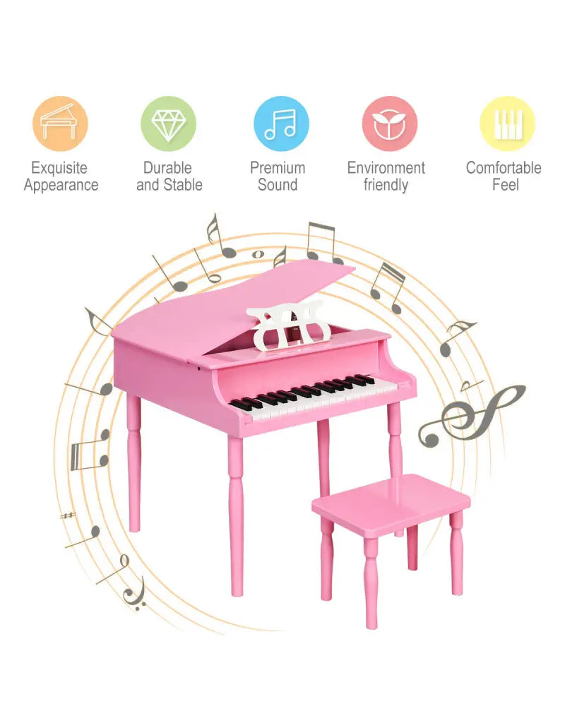 30-Key Wood Toy Kids Grand Piano with Bench and Music Rack-Pink - Pink - Pianos & Keyboards