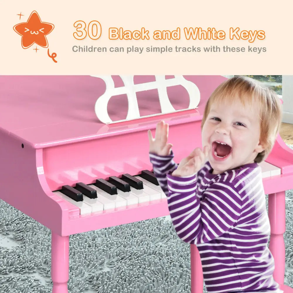 30-Key Wood Toy Kids Grand Piano with Bench and Music Rack-Pink - Pink - Pianos & Keyboards
