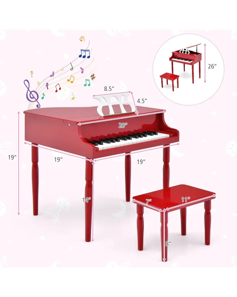 30-Key Wood Toy Kids Grand Piano with Bench and Music Rack-Red - Red - Pianos & Keyboards