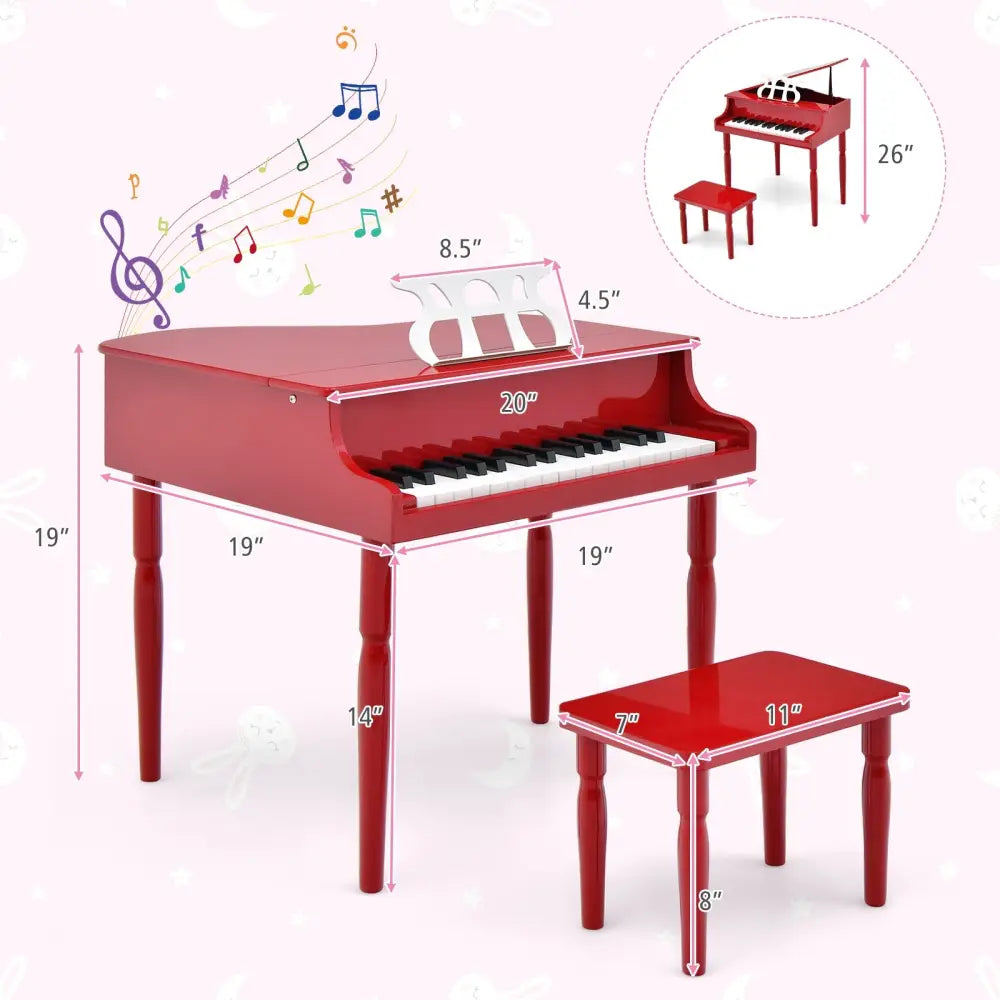 30-Key Wood Toy Kids Grand Piano with Bench and Music Rack-Red - Red - Pianos & Keyboards