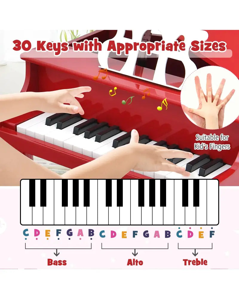 30-Key Wood Toy Kids Grand Piano with Bench and Music Rack-Red - Red - Pianos & Keyboards