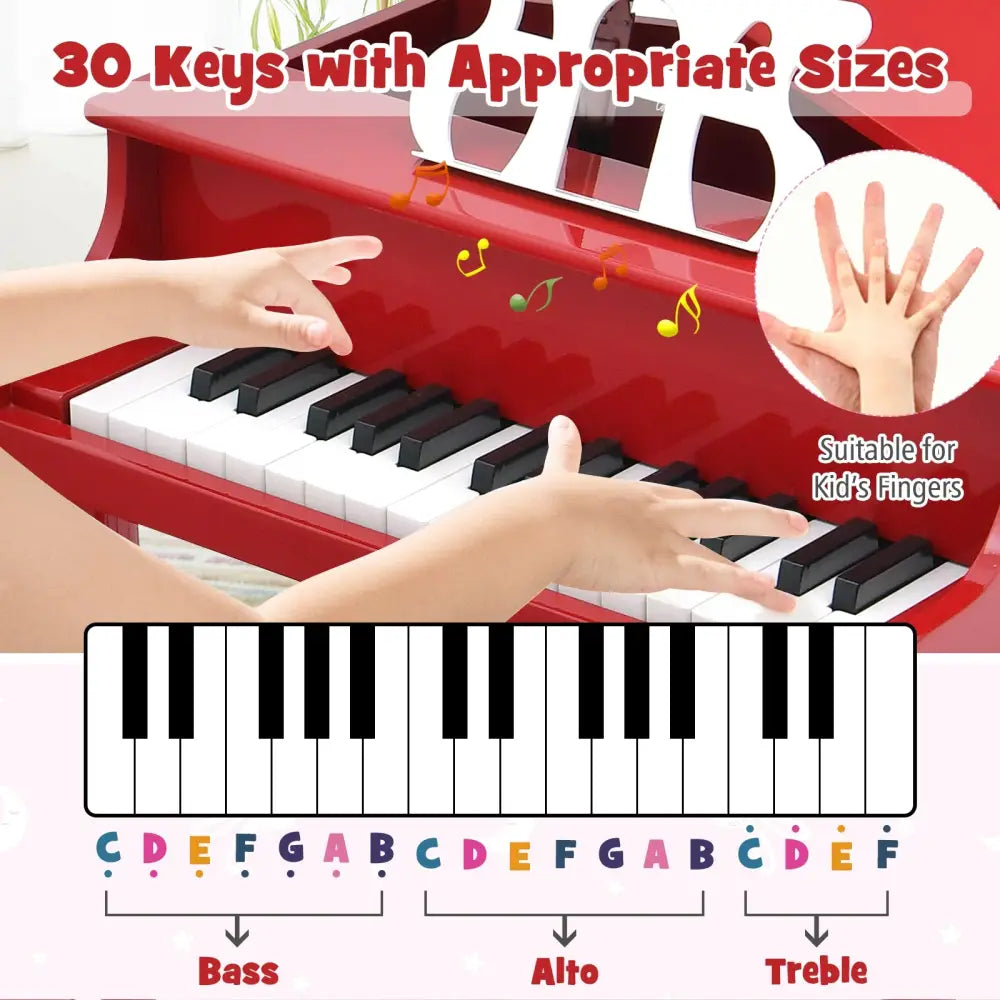 30-Key Wood Toy Kids Grand Piano with Bench and Music Rack-Red - Red - Pianos & Keyboards