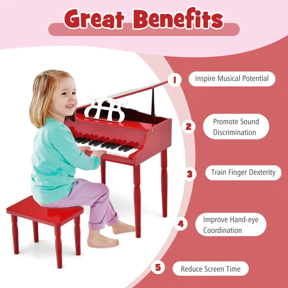 30-Key Wood Toy Kids Grand Piano with Bench and Music Rack-Red - Red - Pianos & Keyboards