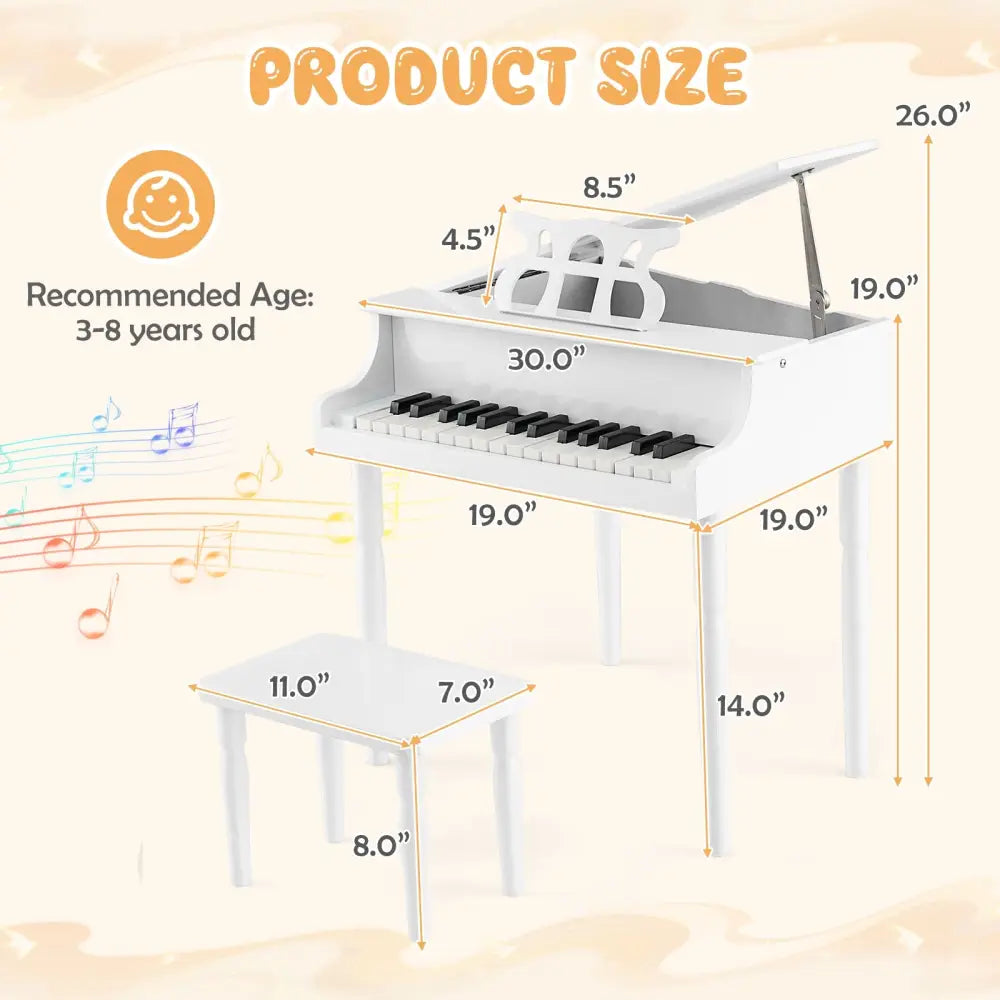 30-Key Wood Toy Kids Grand Piano with Bench and Music Rack-White - White - Pianos & Keyboards