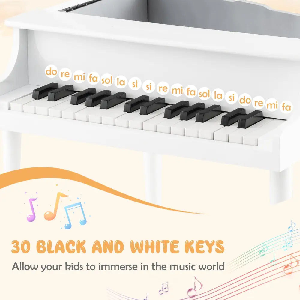 30-Key Wood Toy Kids Grand Piano with Bench and Music Rack-White - White - Pianos & Keyboards