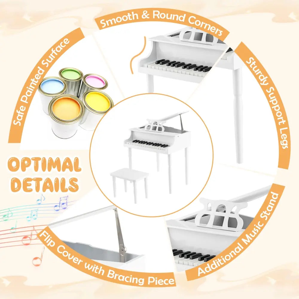 30-Key Wood Toy Kids Grand Piano with Bench and Music Rack-White - White - Pianos & Keyboards