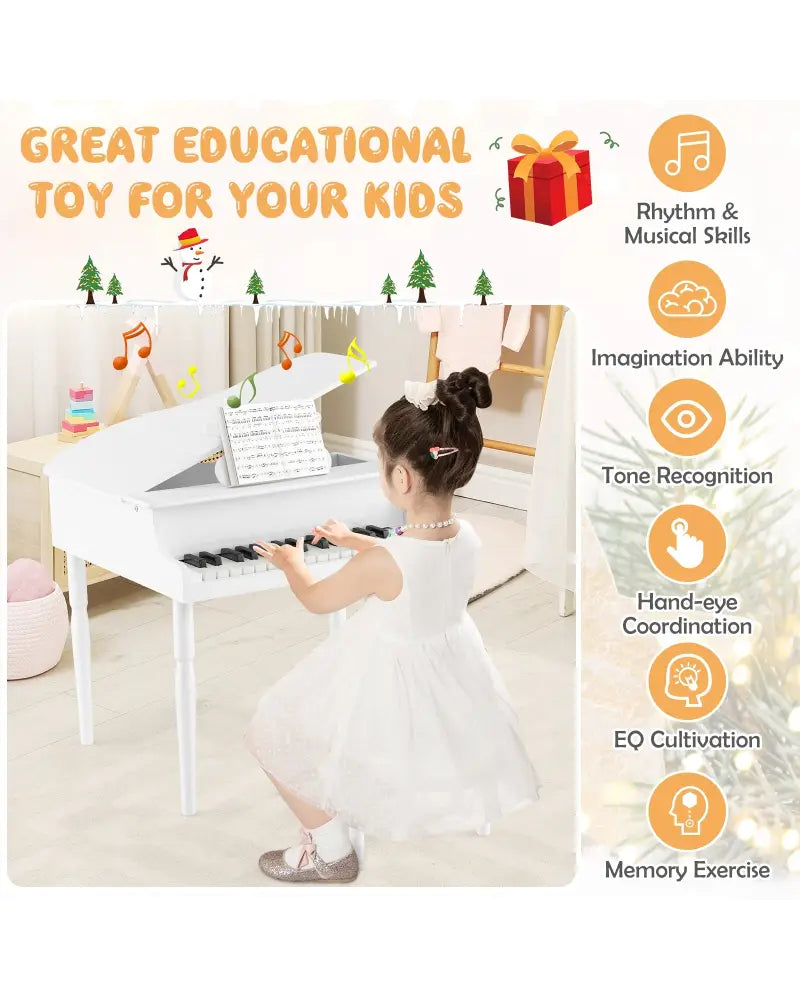 30-Key Wood Toy Kids Grand Piano with Bench and Music Rack-White - White - Pianos & Keyboards