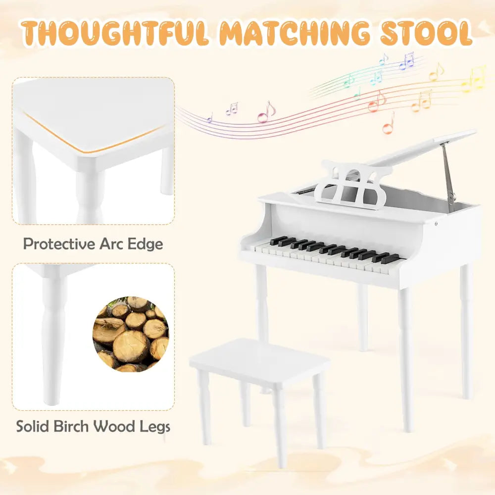 30-Key Wood Toy Kids Grand Piano with Bench and Music Rack-White - White - Pianos & Keyboards