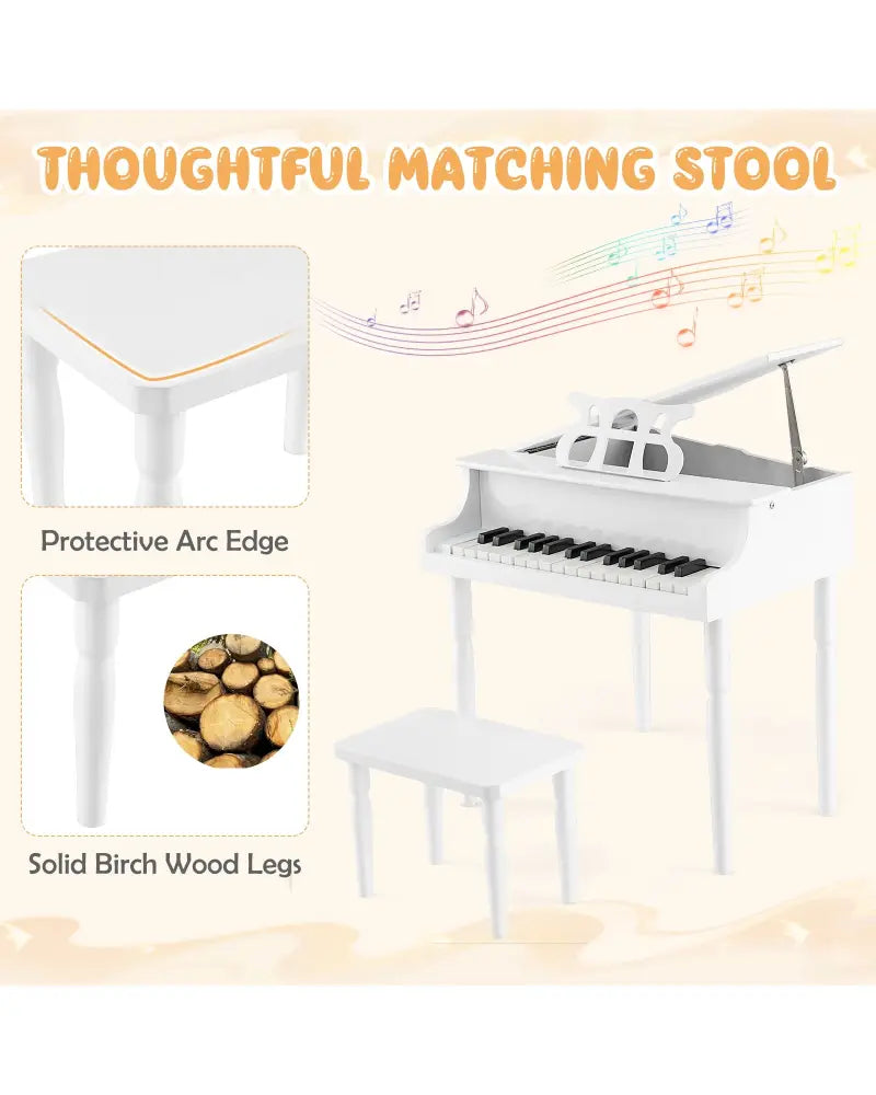 30-Key Wood Toy Kids Grand Piano with Bench and Music Rack-White - White - Pianos & Keyboards