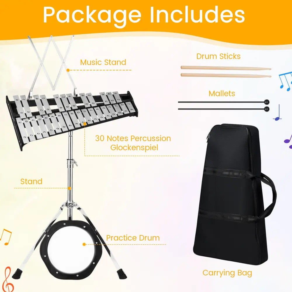 30 Notes Percussion with Practice Pad Mallets Sticks Stand - Black - Drums & Percussion
