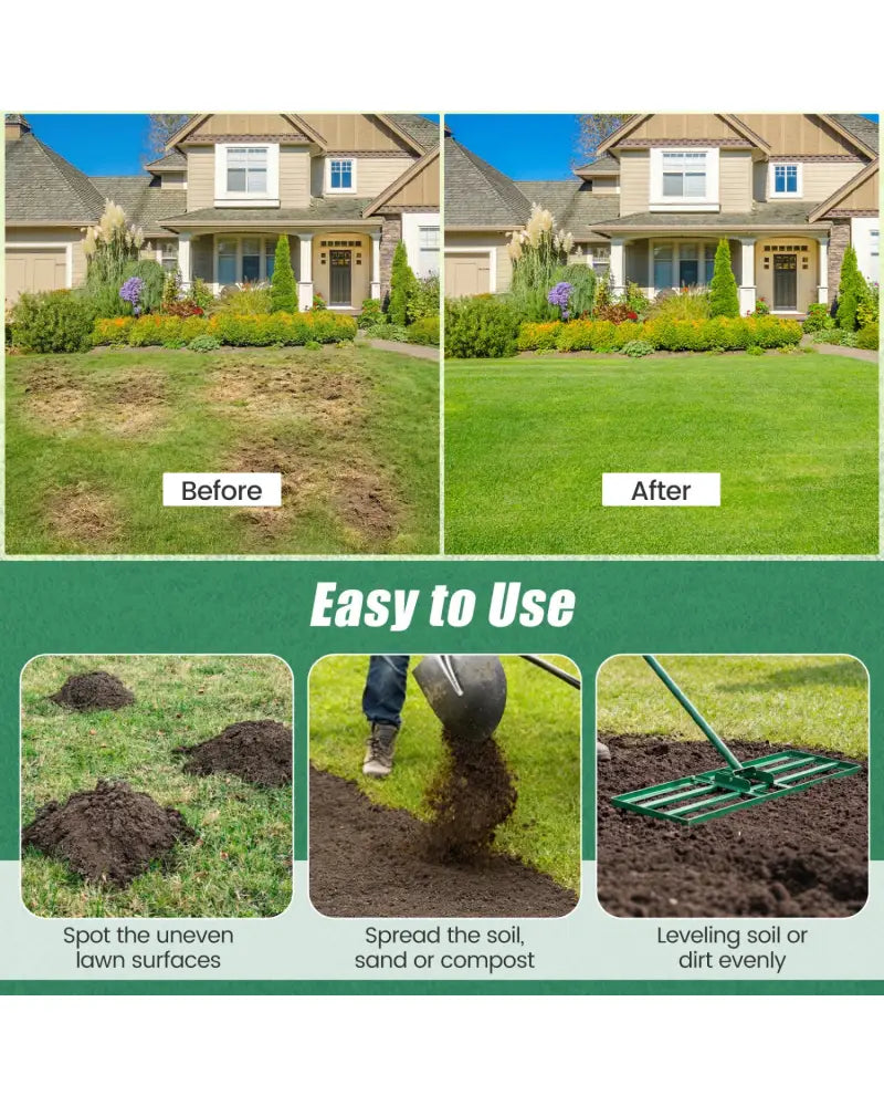30 x 10 Inch Lawn Leveling Rake with Ergonomic Handle-Green - Green - Lawn Care Tools