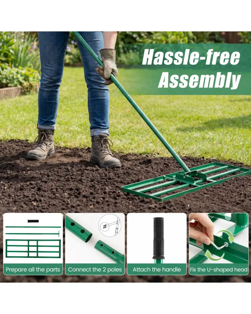 30 x 10 Inch Lawn Leveling Rake with Ergonomic Handle-Green - Green - Lawn Care Tools