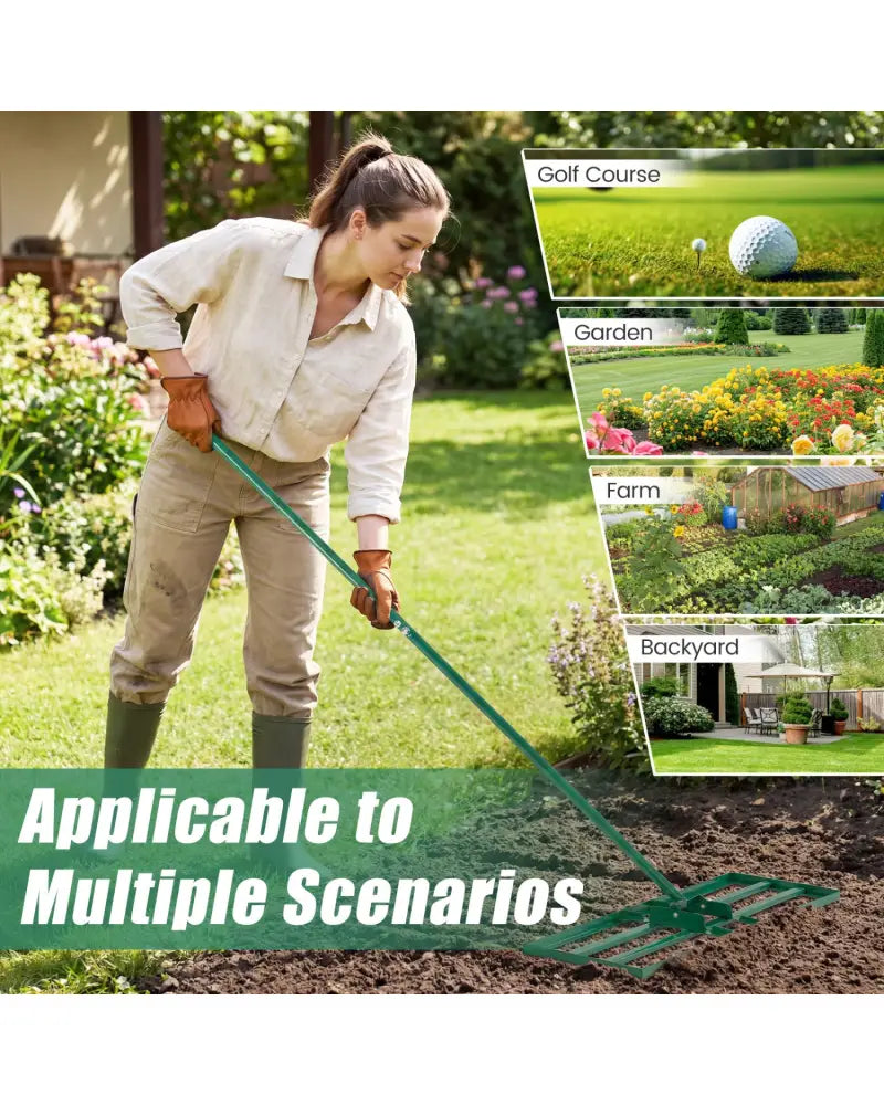 30 x 10 Inch Lawn Leveling Rake with Ergonomic Handle-Green - Green - Lawn Care Tools