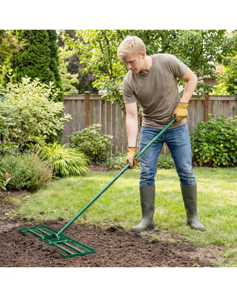 30 x 10 Inch Lawn Leveling Rake with Ergonomic Handle-Green - Green - Lawn Care Tools