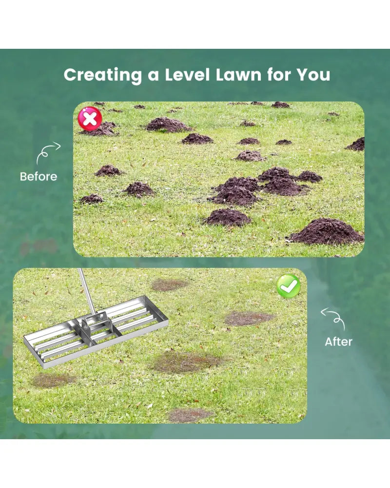 30 x 10 Inch Lawn Leveling Rake with Ergonomic Handle-Silver - Silver - Lawn Care Tools