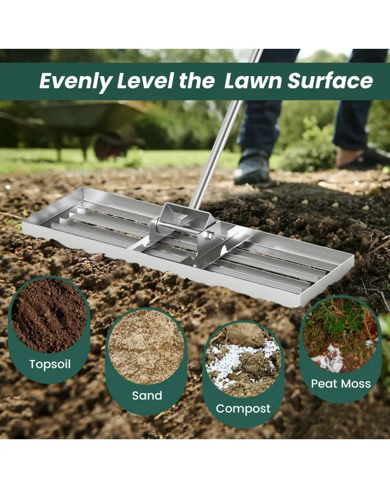 30 x 10 Inch Lawn Leveling Rake with Ergonomic Handle-Silver - Silver - Lawn Care Tools